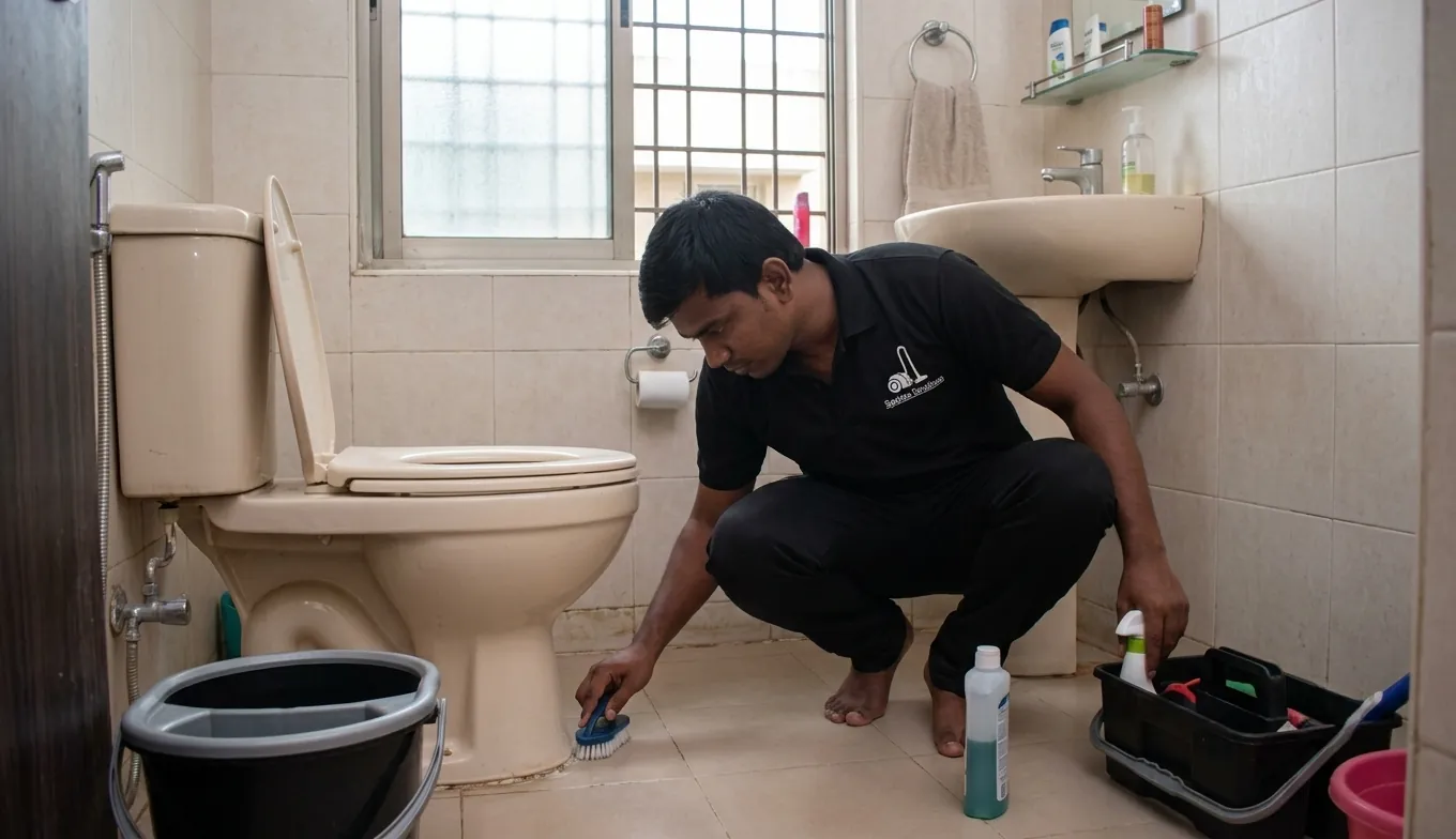 Professional cleaner deep cleaning bathroom corners in a Hyderabad home